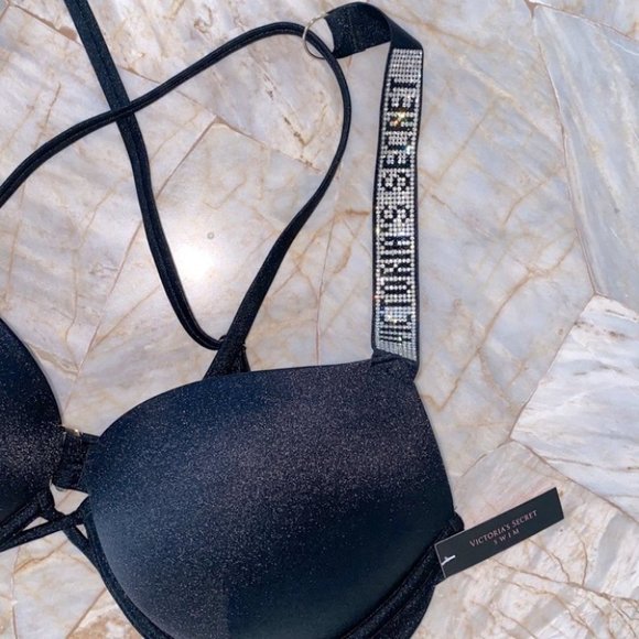 34A Swimsuit SHINE STRAP BOMBSHELL ADD 2 CUPS SWIM CRYSTALS Bra Top Black - Picture 3 of 7